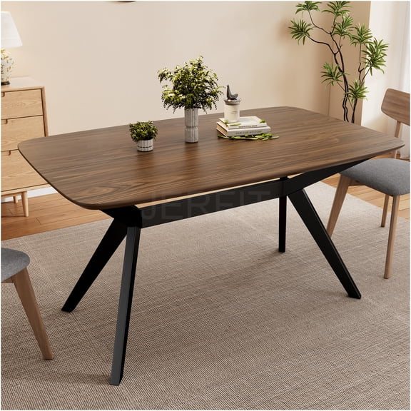 JERFIT Modern Dining Table with Cross Leg Base, Rubberwood Kitchen Table for 6, Walnut Brown and Black Finish