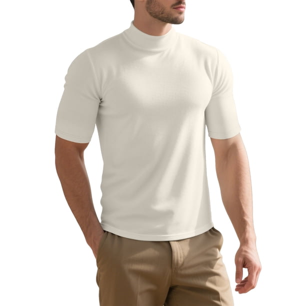 Blusa y camisa de manga corta con cuello alto y semiredondo para hombre, de poliéster, ajustada, de color liso, con base de vellón alemán, cuello alto y manga corta.
