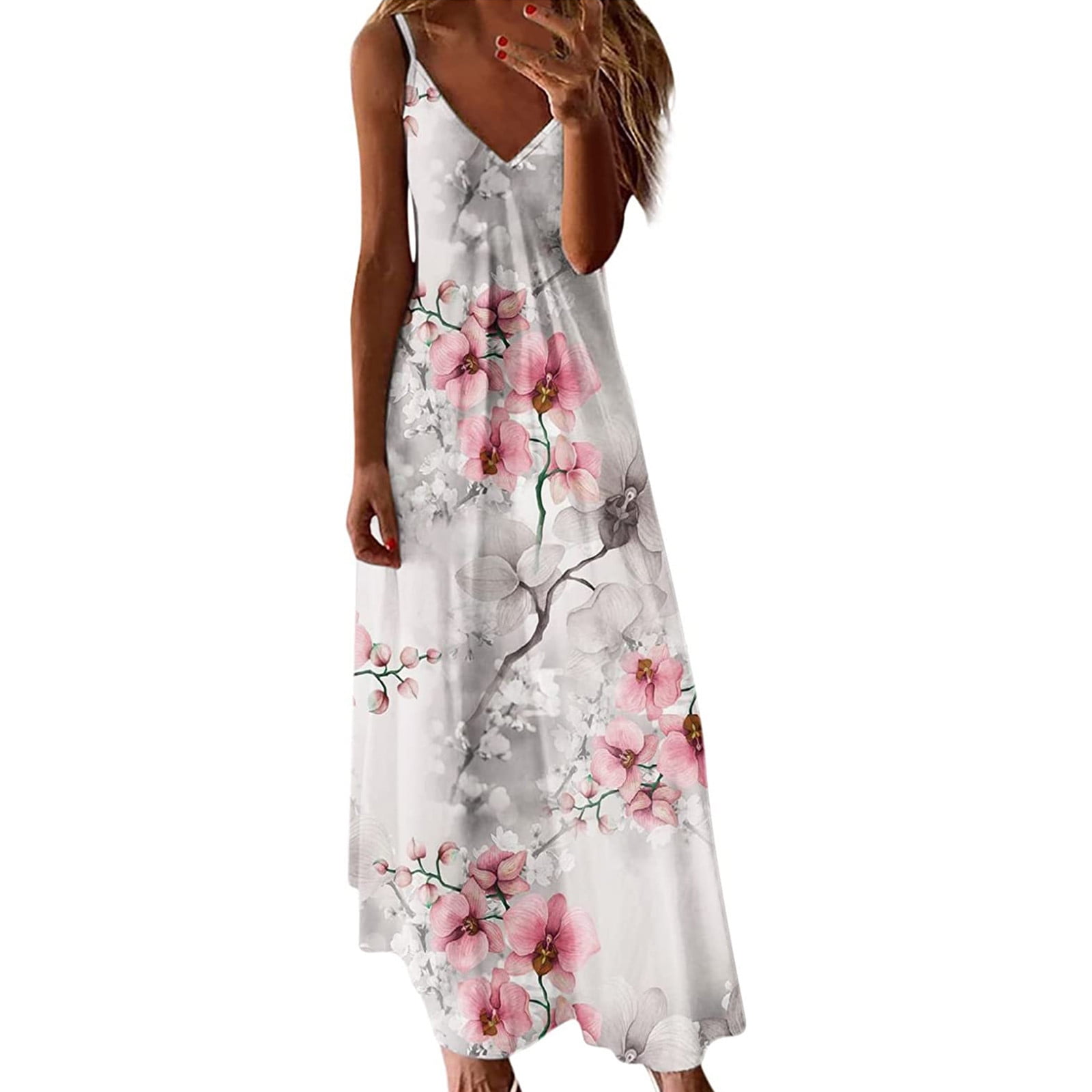 huaai women sleeveless v neck long dress flower print holiday vacation ...