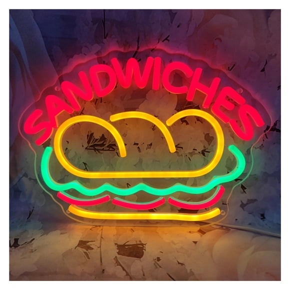 Letrero Luminoso LED De Neón Con Forma De Hamburguesa Sandwiches Regulable Para Decoración De Paredes En Locales De Comida Rápida 39.6cmx23cm
