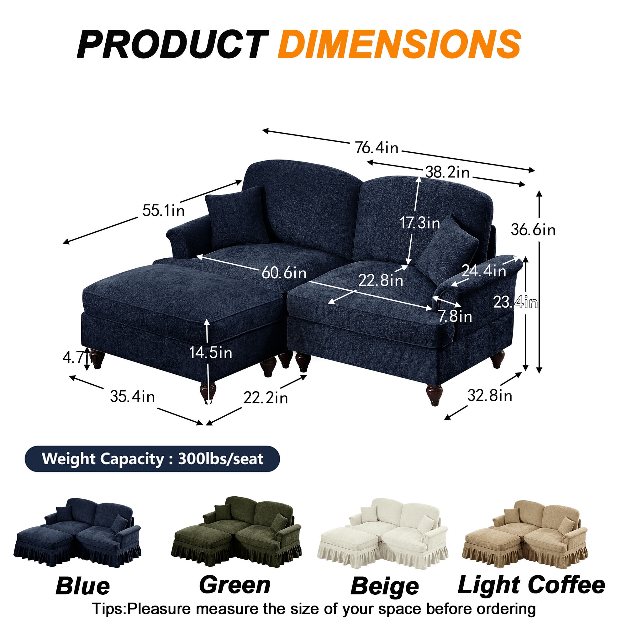 Firscook 76" Chenille Loveseat Sofa with Ottoman, L Shaped Couch for Living Room, Blue