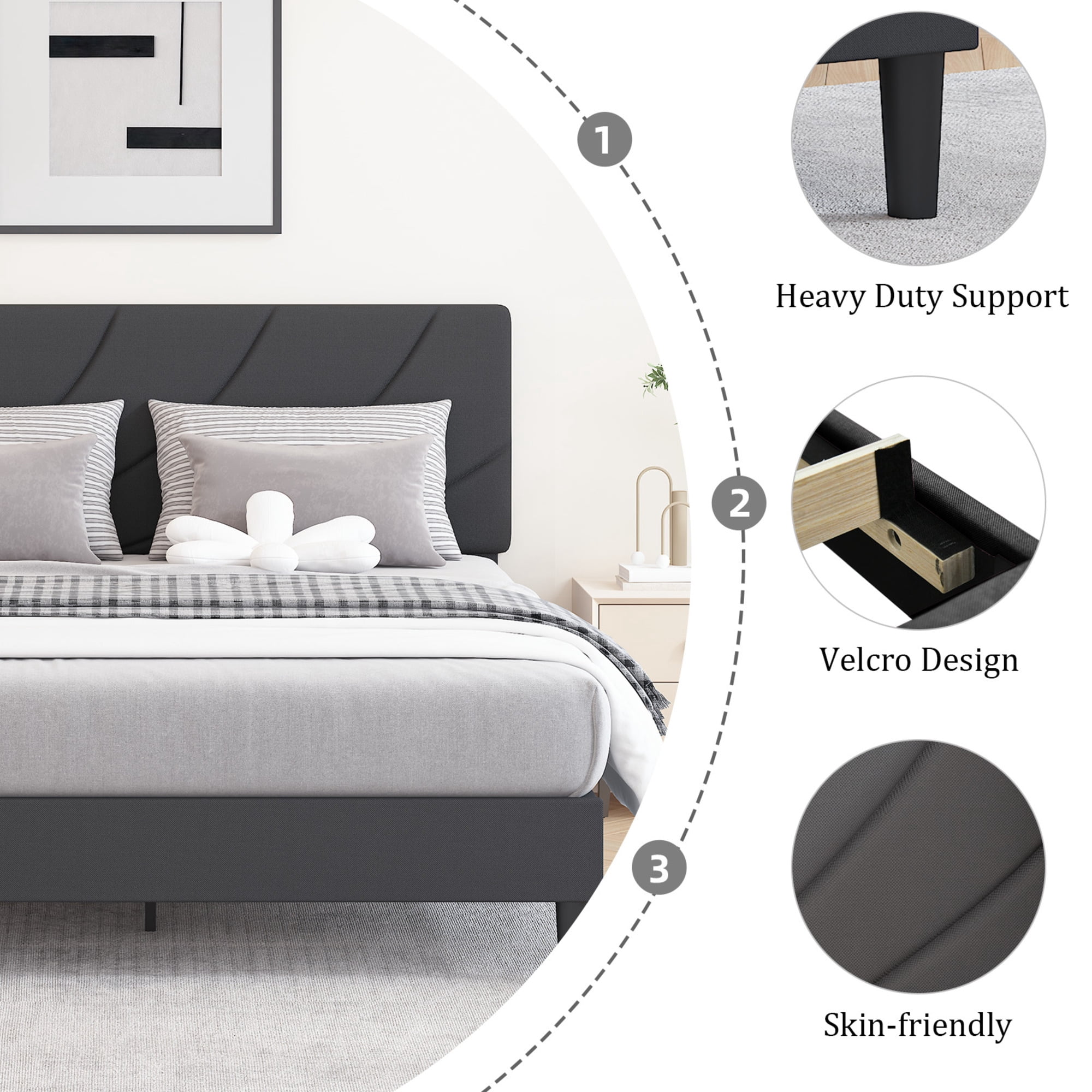 4 EVER WINNER Queen Bed Frames,Queen Size Bed Frame with Linen Fabric Upholstered Headboard and Wooden Slats Support,Adjustable Headboard, No Box Spring Needed, Noise-Free, Easy Assembly, Black
