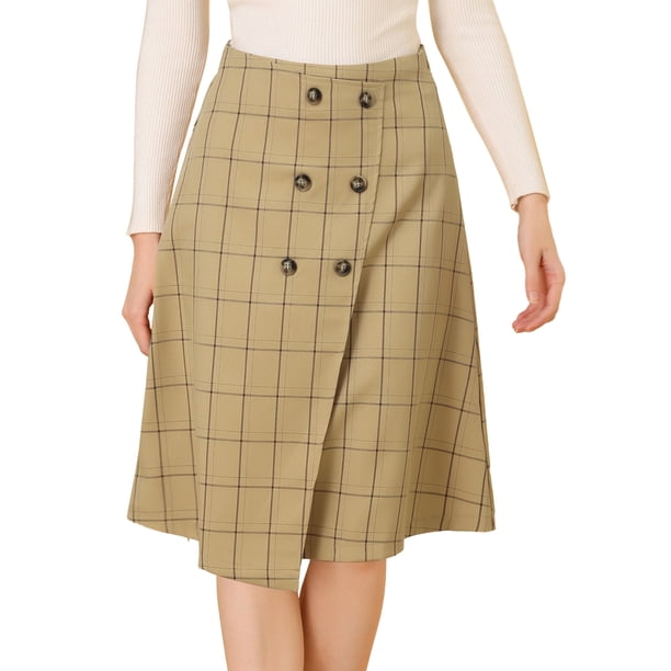 Falda Allegra K de cintura alta a media pierna Caqui S con botones envolventes de imitación vintage a cuadros