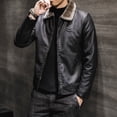 thumbnail image 3 of Chaqueta de cuero sintético con cuello de piel de color caqui y negro para hombre, ropa de calle lisa de forro polar, ropa informal para hombre, abrigo de cuero, prendas de vestir exteriores 2022, 3 of 4