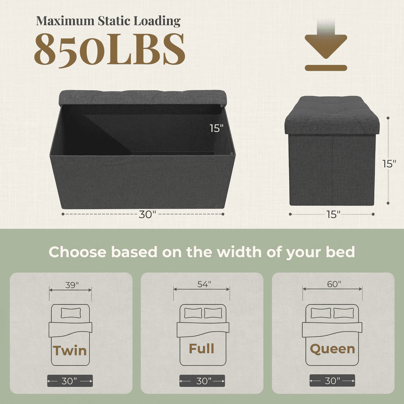 Folding Storage Ottoman Bench 30 Inch, Heavy Duty 660lbs Storage Ottoman with Lid, Collapsible Linen Fabric Ottoman Foot Rest Stool, End of Bed Bench for Bedroom, Living Room, Entryway, Dark Gray