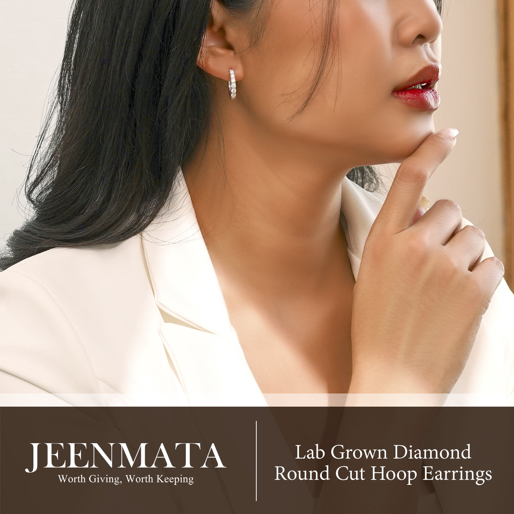 JeenMata Lab Grown Diamond Hoop Earrings - Round Cut Classic Hoop Earrings for Everyday Jewelry - White Gold Plating