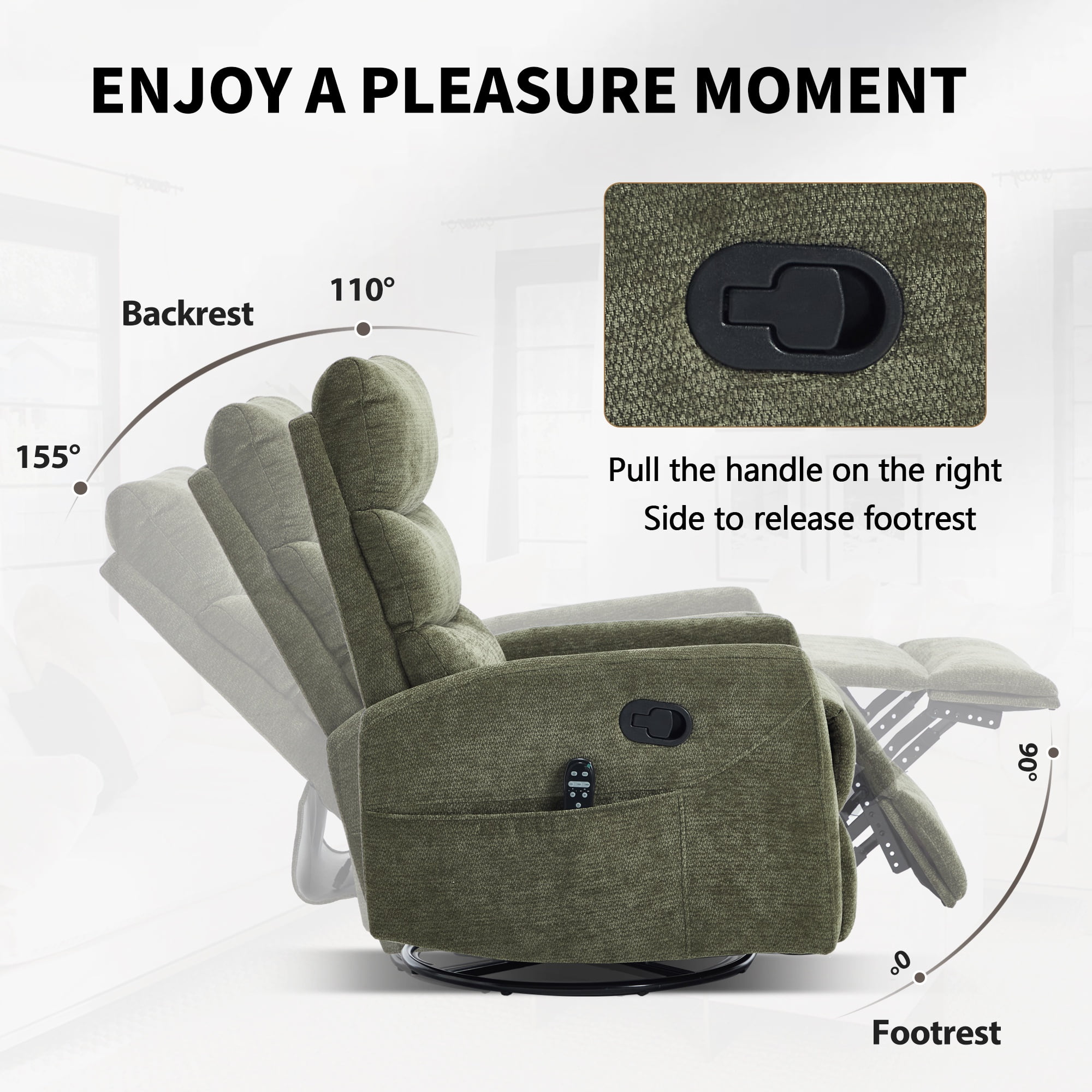 PAPROOS Rocker Recliner with Heat and Massage, Fabric 360°Swivel Rocker Recliner, Glider Rocking Chair for Nursery, Small Manual Recliner with Side Pocket for Home Theater Living Room, Green