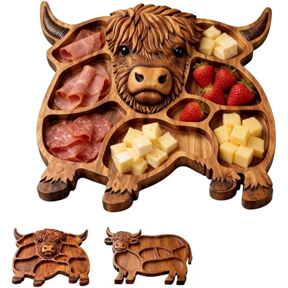Highland Cow Wooden Charcuterie Board, Board Made from Natural Solid Wood, Cute Cow Shaped Serving Tray with Compartments, for Meat, Cheese, Crackers (A)