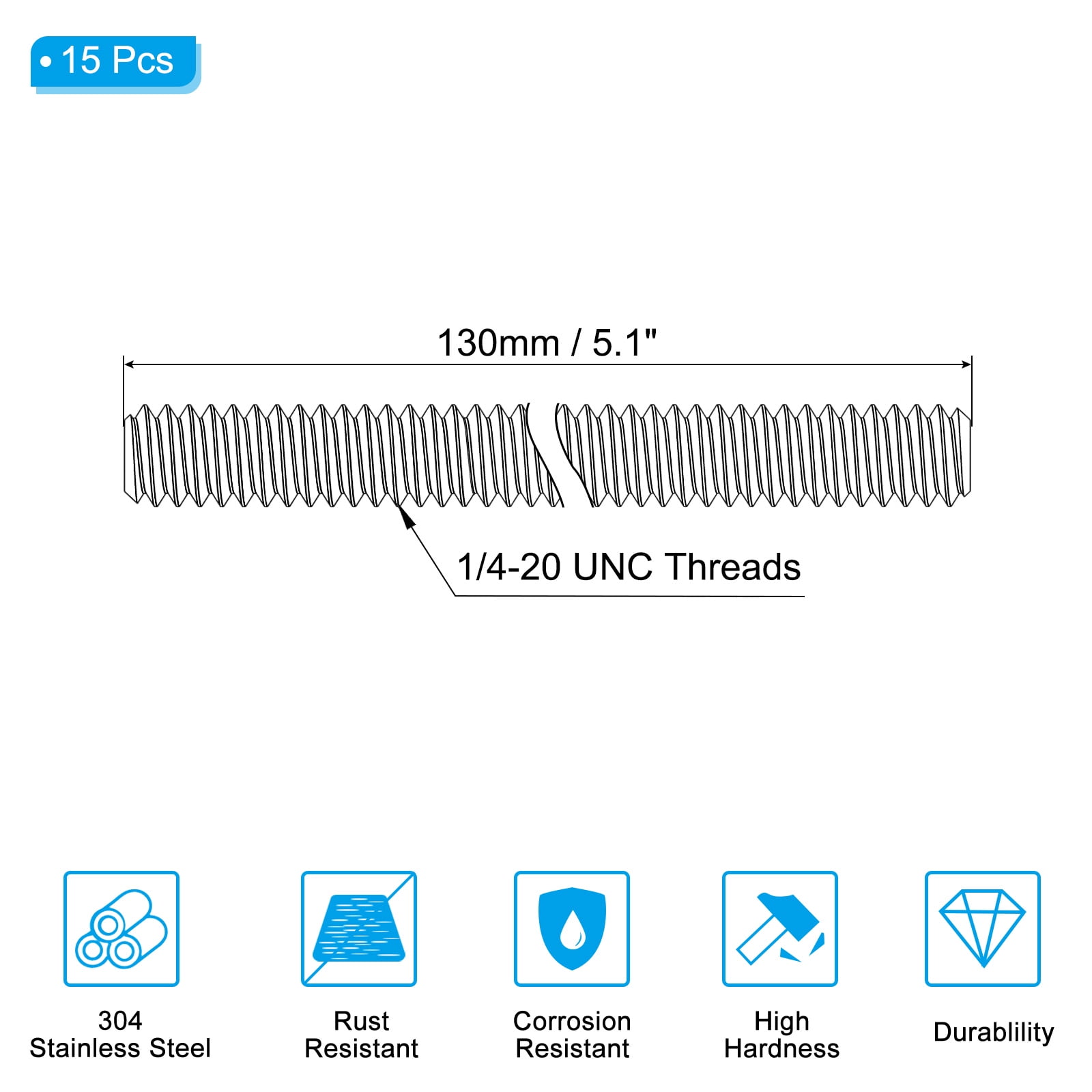 Uxcell 1/4"-20 Fully Threaded Rod, 15Pcs 5.1" Length 304 Stainless Steel Thread Screw