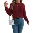 thumbnail image 3 of Womens Crochet Hollow Out Sweater Top Long Sleeve Crew Neck Knit Pullover Fall Casual Winter Shirt Wine Red XL, 3 of 9