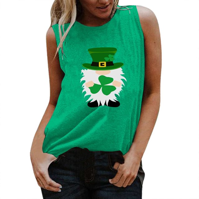 Camisetas sin mangas para mujer Camisas Verano Correa O Cuello Túnica Sin mangas Estampado acogedor Camisola de playa Trajes Día de San Patricio Pompotops lopia990721