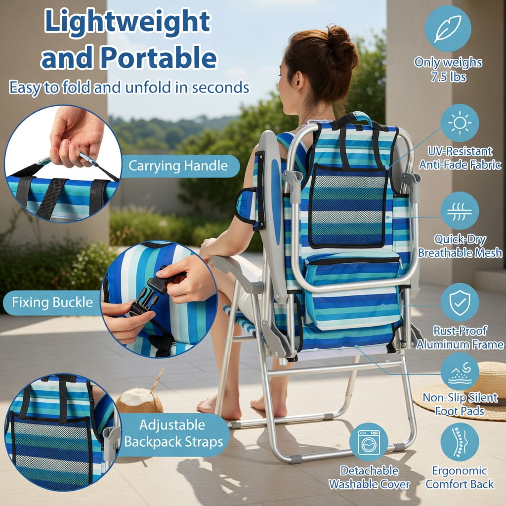Hommoo 2-Pack Lightweight Folding Beach Chairs for Adults, 4-Position Adjustable Backrest, Rust-Resistant Aluminum Frame, Oxford Fabric Seat, Blue