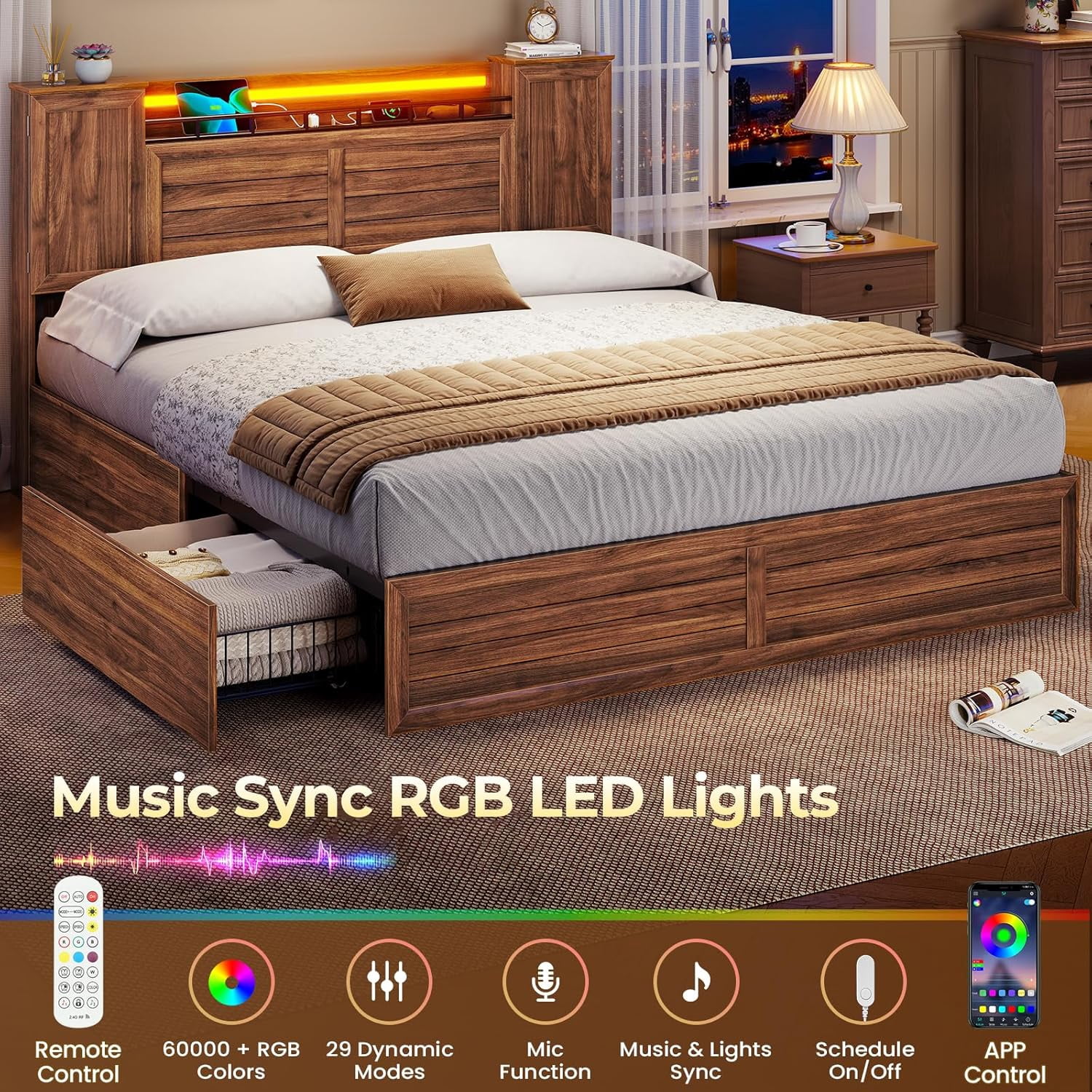 Farmhouse Bed Frame Queen Size with Headboard and Double Barn Door Storage Cabinets LED Rustic Wooden Bed with Charging Station and 4 Drawers Brown
