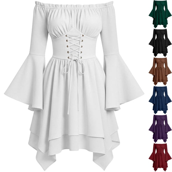 Womens Renaissance Dress Peasant Costume Medieval Wench Dress Off Shoulder Long Bell Sleeve Lace Up Corset High Low Halloween Cosplay, White, S