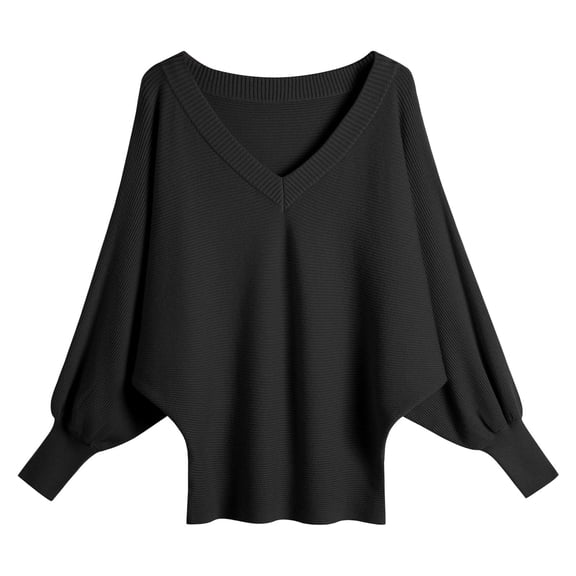 PMVFHDE Batwing Sweater Deep V Neck Loose Fitting Oversized Pullover Top Solid Color Comfortable Casual Long Sleeve Wear Sweater Women Black,One Size