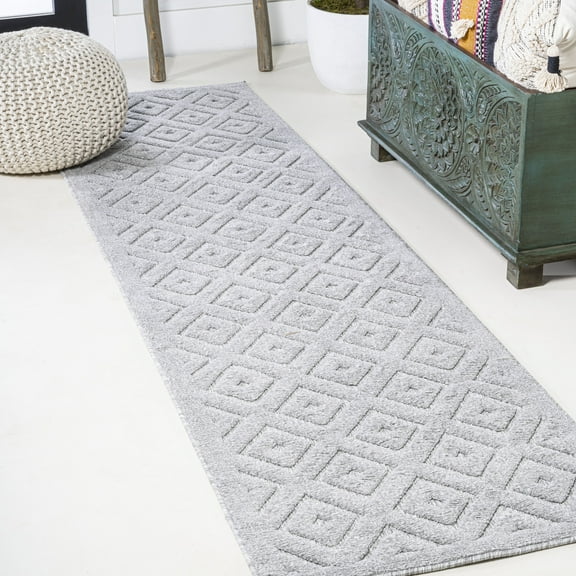 JONATHAN Y IBIZA 2 x 8 Runner Rug, Portmany Neutral Diamond Trellis - Light Gray, IBZ104C-28
