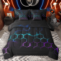 Manfei Geometric Hexagon Bedding Comforter Set 7pcs, Gradient Blue Purple Honeycomb King Bedding Sets, Black Geometric Bed Sheets Breathable Home Decor