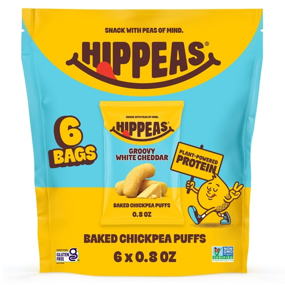 HIPPEAS Chickpea Puffs, Groovy White Cheddar, Gluten Free, Dairy Free, 4g Protein, 0.8 oz, 6 Pack