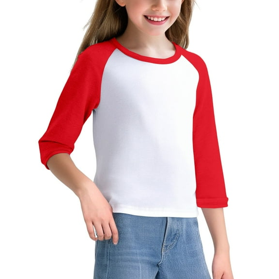 LIJCC Kids Girls Crew Neck Color Block 3/4 Sleeve T Shirts Blouses Baggy Three Quarter Sleeve Tops Youth Uniforms Curved Hem Kids Clothes