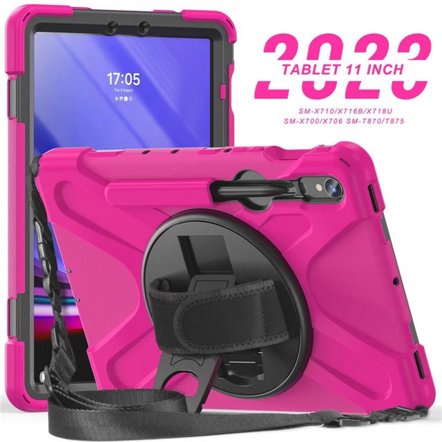 Kids Shockproof Tablet Cover For Samsung Galaxy Tab S9 S8 Ultra 14.6 S7 11" Plus FE 12.4 Inch Case Handle Shoulder Strap Funda Rose Red S9 FE 12.4 inch