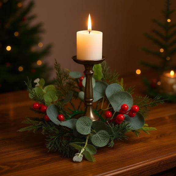 Christmas Candlestick Wreath with Golden Berries Pines Cones Pines Branches and Greeneries Suitable for Candle Centerpieces B,Free Size