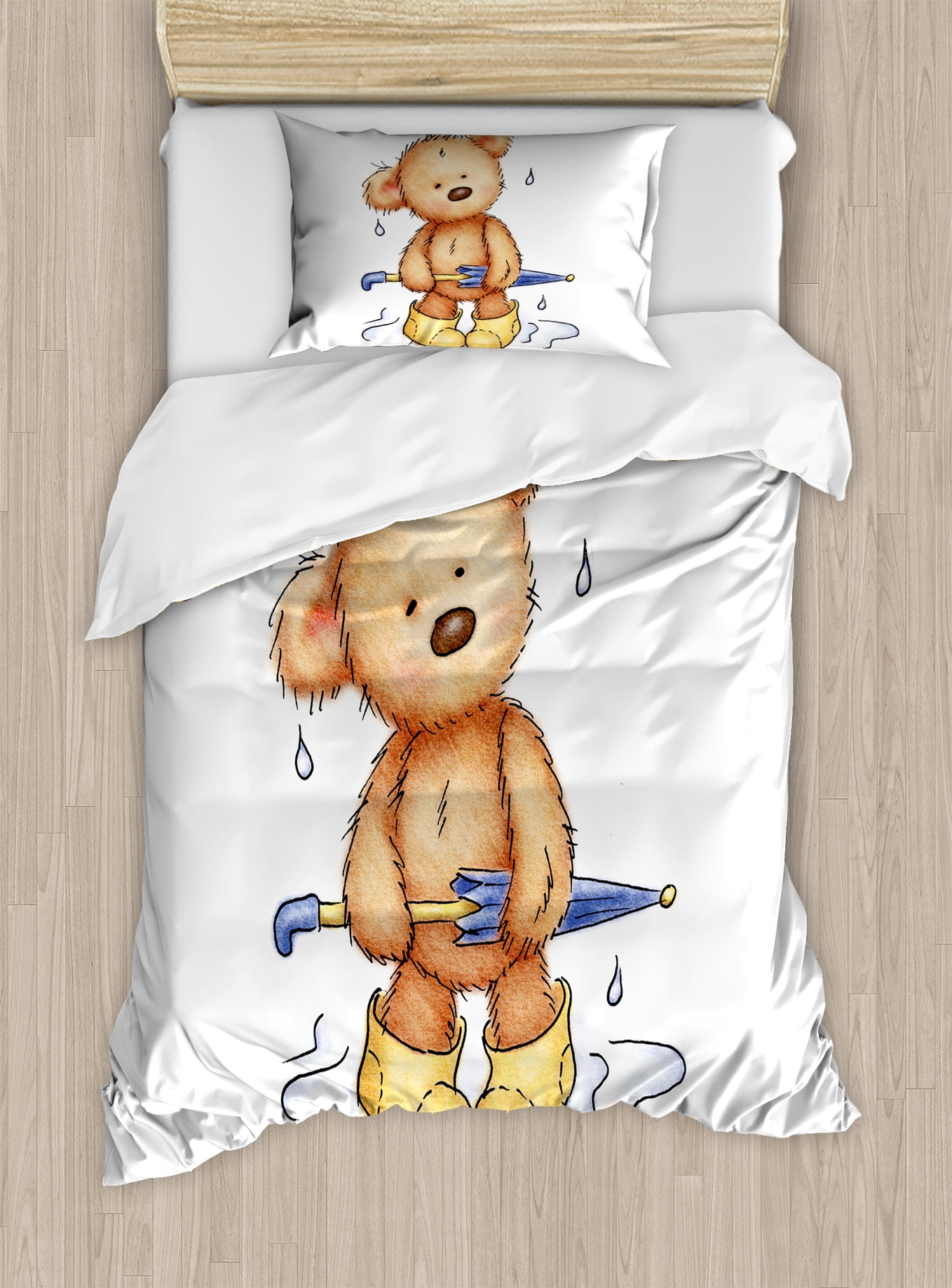 Bear Duvet Cover Set Teddy Up In Rain With Rubber Boots Bear Duvet Cover Set Teddy Up In Rain With Rubber Boots Holding An Umbrella Cartoon Decorative Bedding Pillow Shams