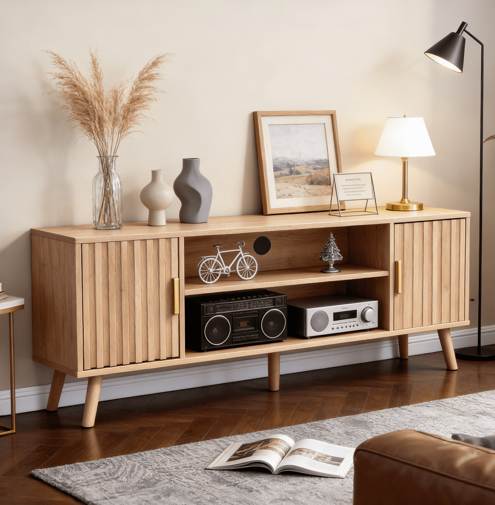 Zimtown Farmhouse TV Stand with 2 Fluted Doors, 58" Mid-Century Television Stand for 60inches TV, Light Oak Wood Television Stand with Storage