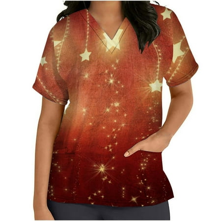 

Odeerbi Womens Christmas Scrub Tops V-Neck Printed Nursing Tops Short Sleeve Uniform with Tree Pockets Red