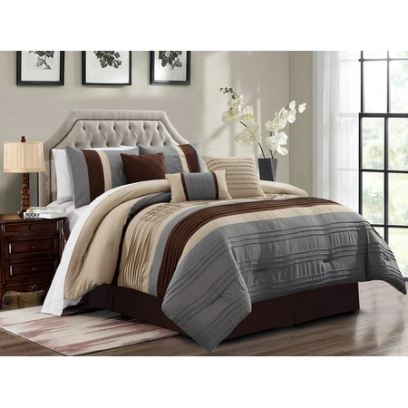 7 Pc Liam Pleated Pintuck Stripe Comforter Set Beige Brown Slate