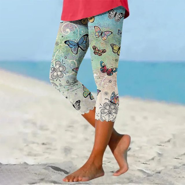 ICHUANYI Clearance Women's Summer Casual Elastic Waist Printed Cropped Beach Pants(Green, XXL) ICHUANYI WER2023080902232
