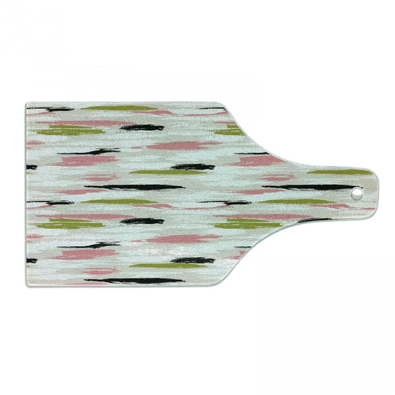 Art Cutting Board, Bold Pattern with Thick Brushstrokes and Stripes Hand Painted Boho Print, Tempered Glass Cutting and Serving Board, Wine Bottle Shape, Coral Black Olive Green, by Ambesonne