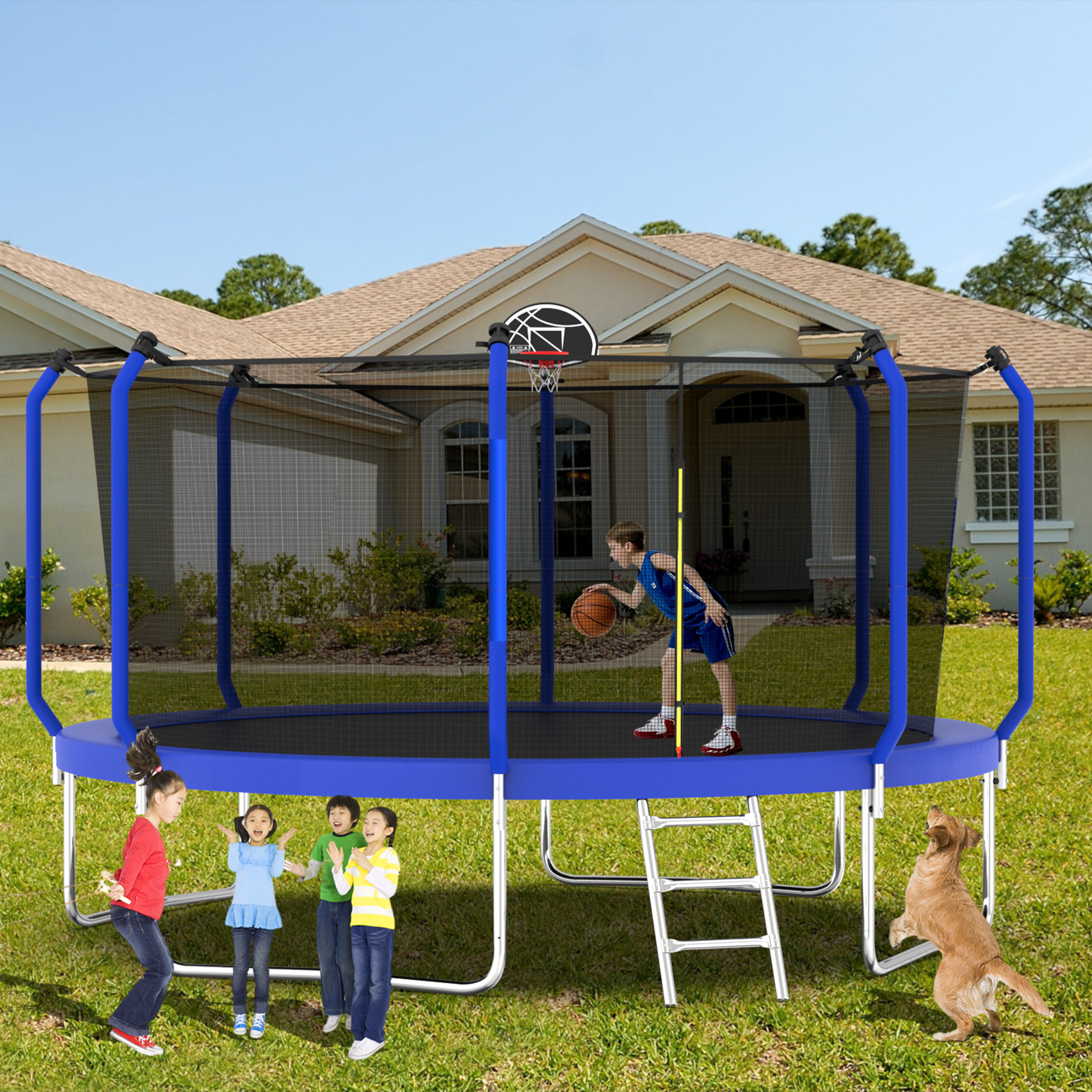 Leumius 14ft Trampoline for Kids and Adults,Heavy Duty Outdoor Trampoline with Basketball Hoop,Enclosure Net and Ladder,Upgraded Kids Recreational Trampoline,Blue