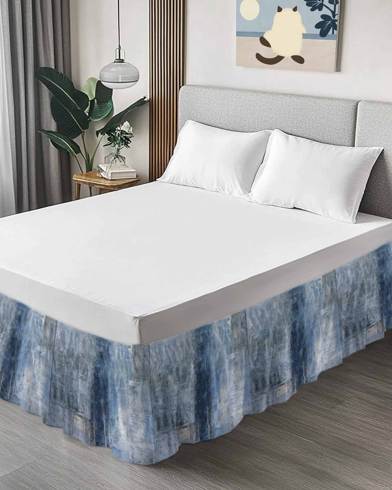 Blue Wrap Around Bed Skirts for King Bed 18" Drop,Bed Skirt with Adjustable Elastic Belt Dust Ruffle Bed Valance for Bedroom Hotel Retro Oil Painting Modern Abstract Art Aesthetics Bed Frame Cover