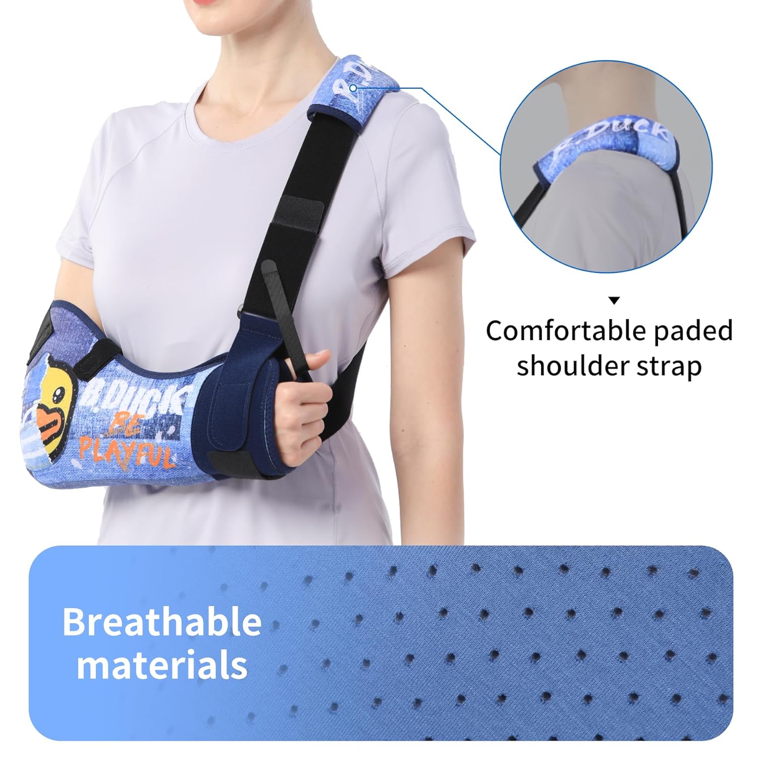 Velpeau Arm Sling with Waist Strap -Sponge Filled Holder Support Brace for Shoulder, Rotator Cuff, Elbow, Hand injury (Comfort-Duck Print, Left, L)