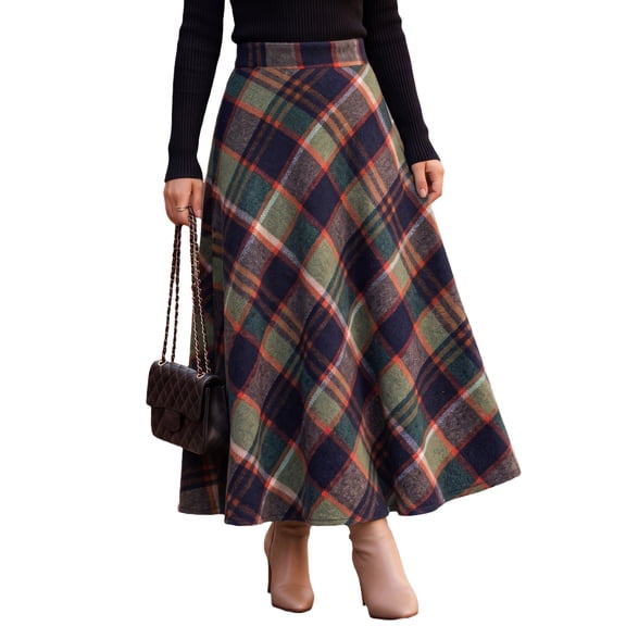 EANJE Midi Plaid Skirt for Women, Vintage Color‑Block Plaid A‑Line Swing Long Skirt, High Waist Loose Flowy Fleece Blend Skirt, Retro Casual Skirt for Fall Winter Daily Wear Green S