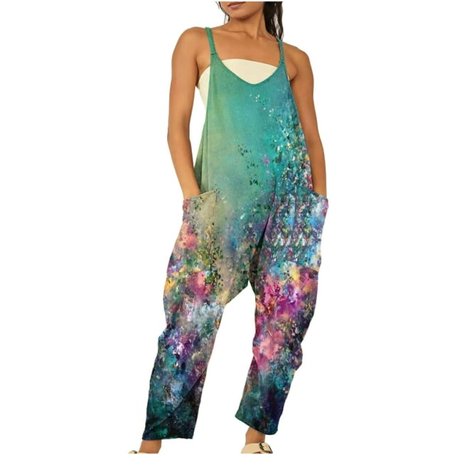 Womens Summer Beach Rompers Sleeveless Spaghetti Straps V Neck Suspender Overalls Loose Long Pants Jumpsuits Playsuits