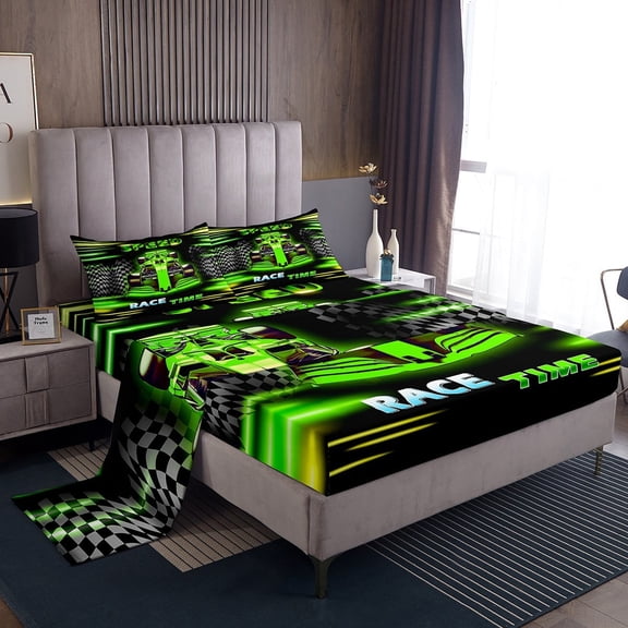 Erosebridal Green Car Sheet Set Twin,Extreme Sport Bedding Sets Twin Size,Geometric Buffalo Twin Sheet Sets,Breathable Automobile Room Decor,3pcs
