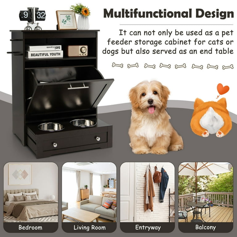 Gymax Pet Feeding Station Furniture w/ Double Pull Out Dog Bowl Food  Cabinet Coffee 