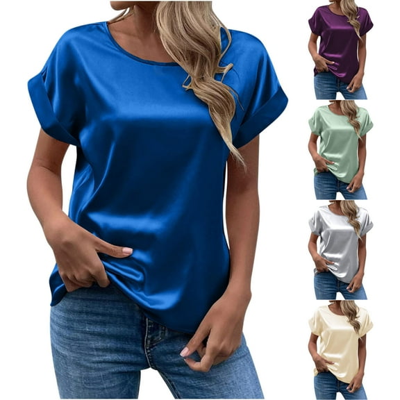 Fesfesfes Womens T Shirts Fashion Womens Summer Round-Neck Solid Short Sleeve Top Blouse Short Sleeve Blouse XS(US:2)