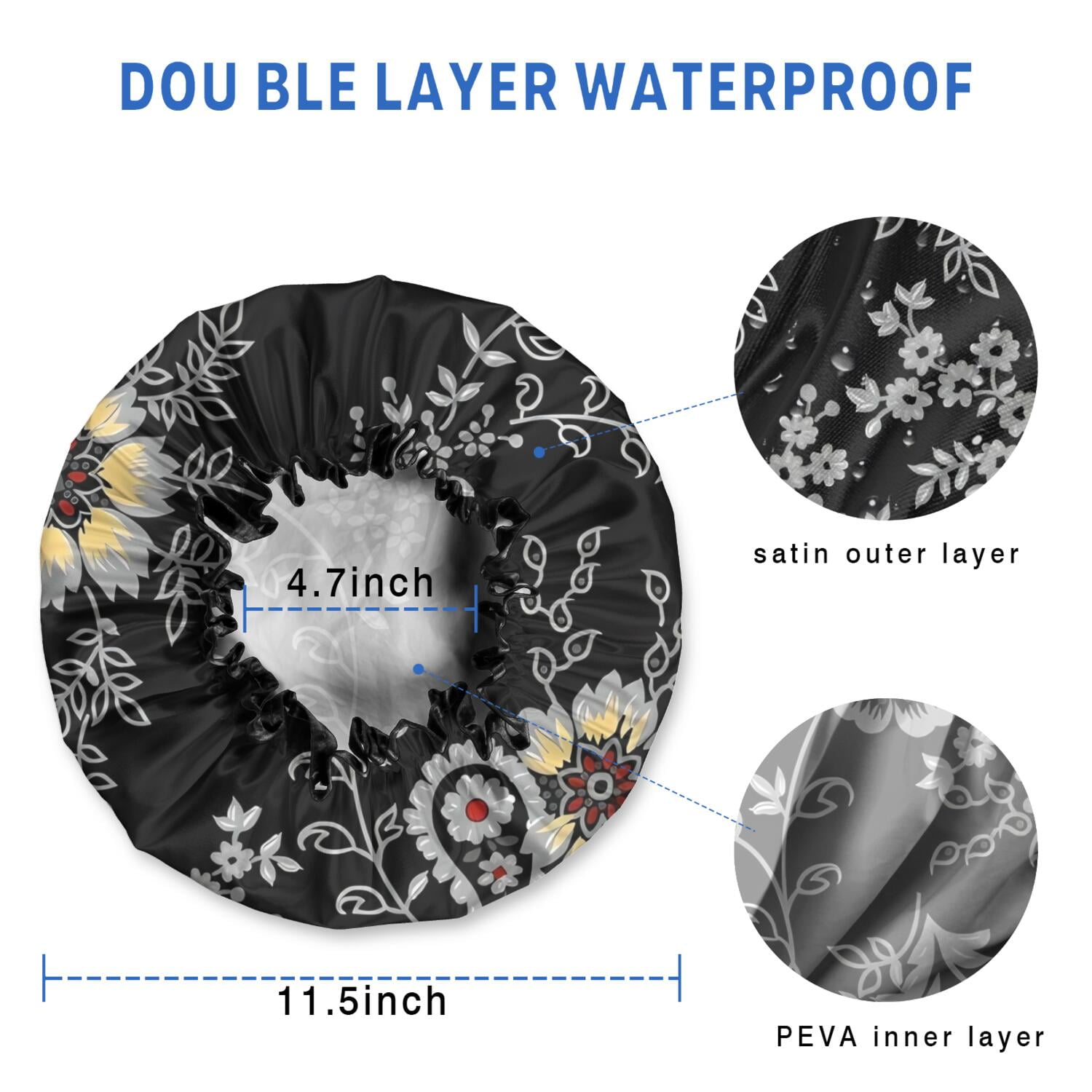 Shower Caps,Pioneer Flower Floral Print Pattern Waterproof Shower Cap for Women 4 Pieces,Double Reusable Hair Cover for Shower PEVA Elastic Stretch Hem
