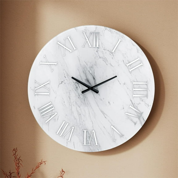 SHYFOY 23.62" Frameless Marble Glass Wall Clock with Roman Numerals, Silent Non-Ticking Modern White Decorative Clock