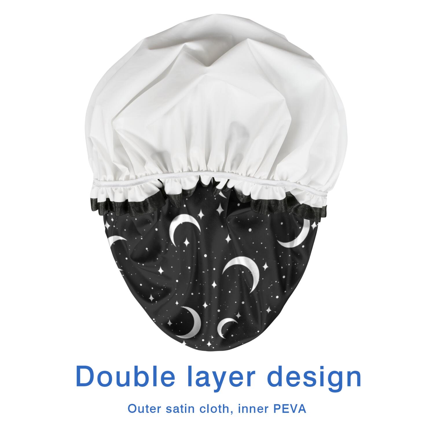 Shower Caps,Black Moon Star Pattern Waterproof Shower Cap for Women 4 Pieces,Double Reusable Hair Cover for Shower PEVA Elastic Stretch Hem