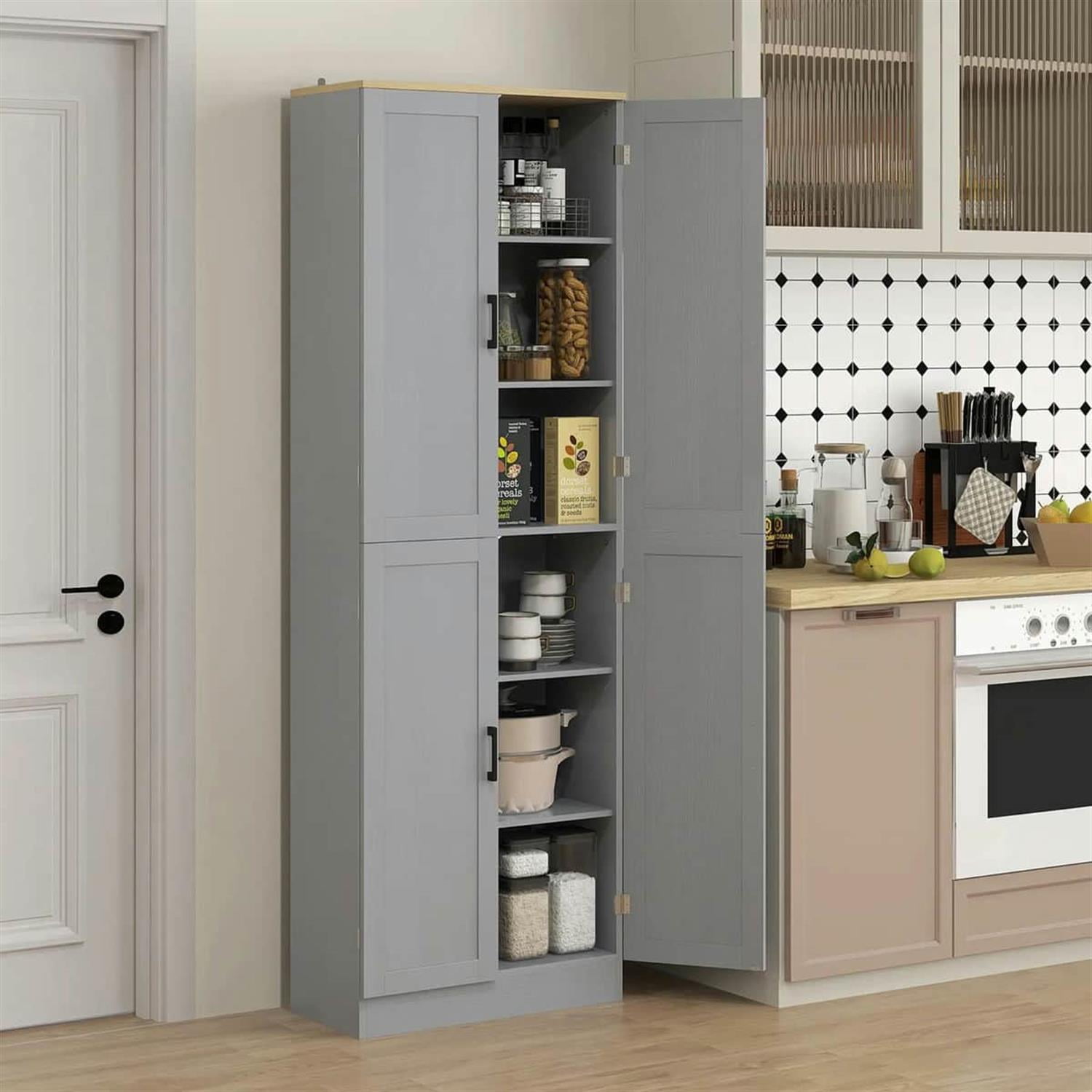Demi Bonn 67" Freestanding Kitchen Pantry, 4-Door Cabinet with Adjustable Shelves & Doors for Modern Kitchen, Gray