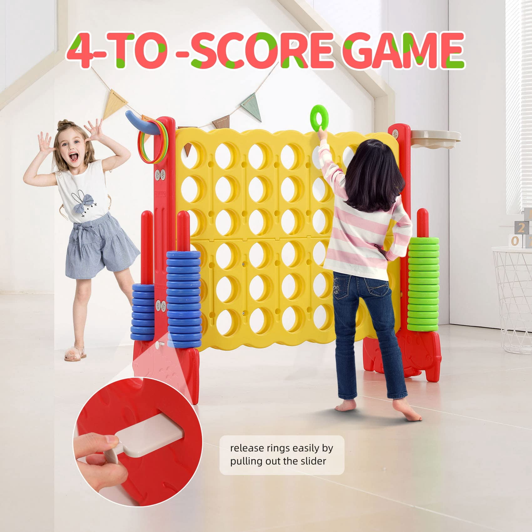 UNICOO® 3-in-1 Giant 4 in a Row Game for Outdoor & Indoor Fun! Featuring Basketball Hoop, Ring Toss Game & 4-to-Score Game. Perfect for Kids, Adults & Parties with Carrying Bag (Yellow + Red)