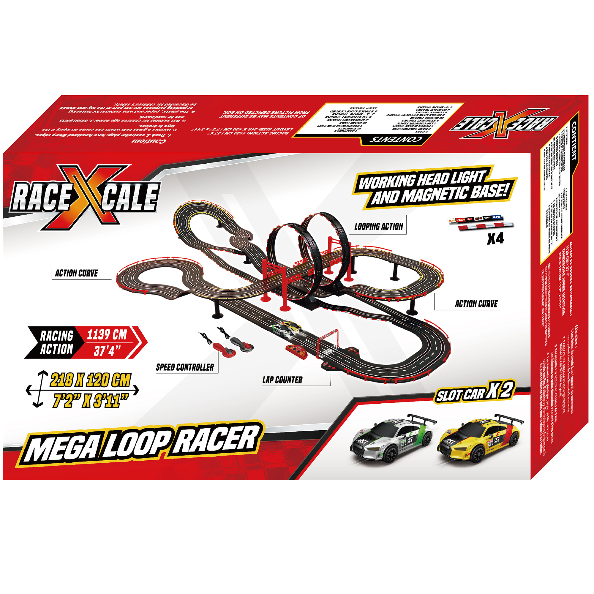 RaceXCale: Mega Loop Racer - 1:43 Scale G5 Slot Car Track, Electric Power Toy Set, 7'2" x 3'11", 2 Magnetic Cars w/ Head Lights, 2 Speed Controllers