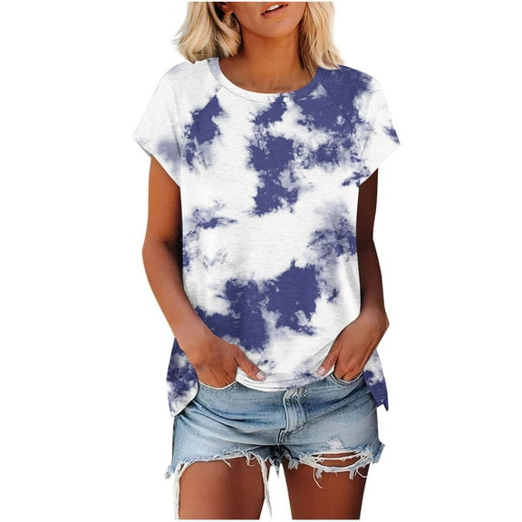 TKLPEHG Womens Tunic Tops Short Sleeve Crew Neck Tunic Tops Comfy Loose Summer Fashion Tie Dyed Print Graphic Tee Casual Outfits (Blue,M)