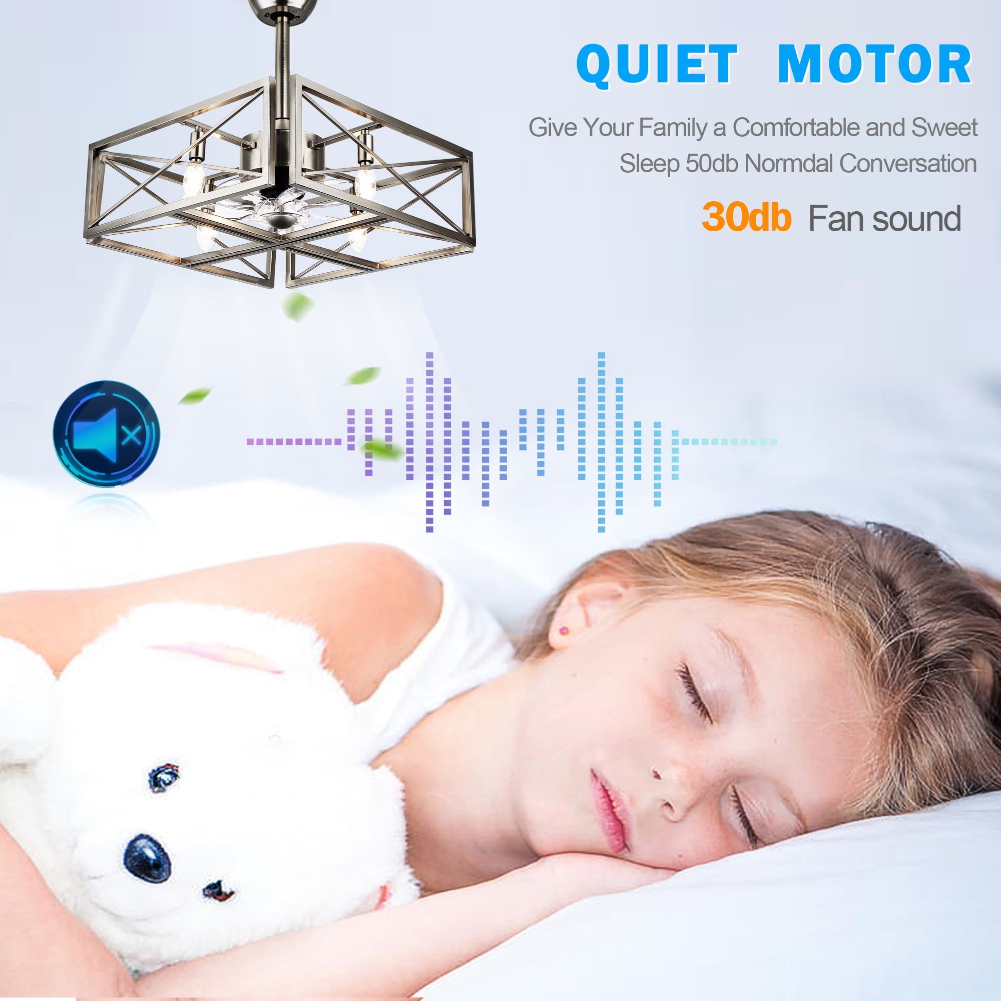 Cusp Barn 20'' Brushed Nickel Ceiling Fan with Lights, Modern Caged Chandelier Flush Mount Ceiling Fan for Bedroom Kitchen