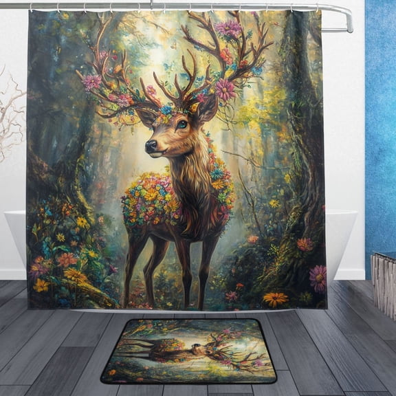 BZSMCE Shower Curtain and Bath Accessory Set,Blooming Antlers Of Nature Pattern