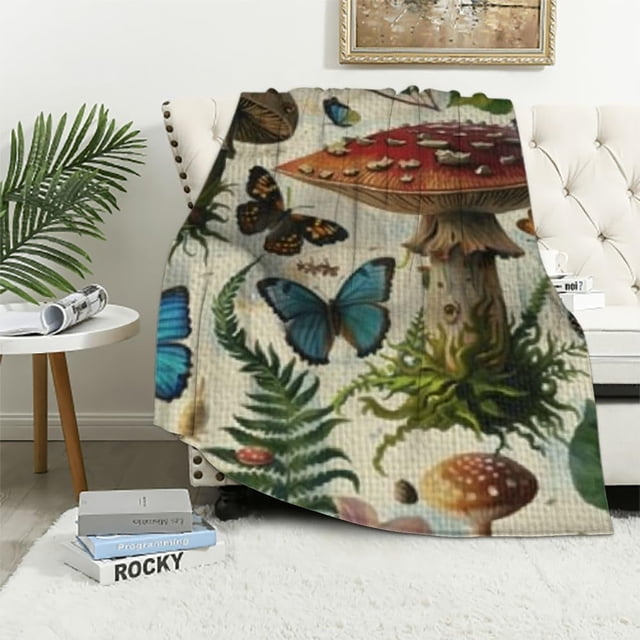 Manta de hongos, regalos de hongos para mujeres, manta de franela suave y acogedora con hongos para todas las estaciones, para sofá, sofá, decoración de habitación estilo cottagecore, mantas de