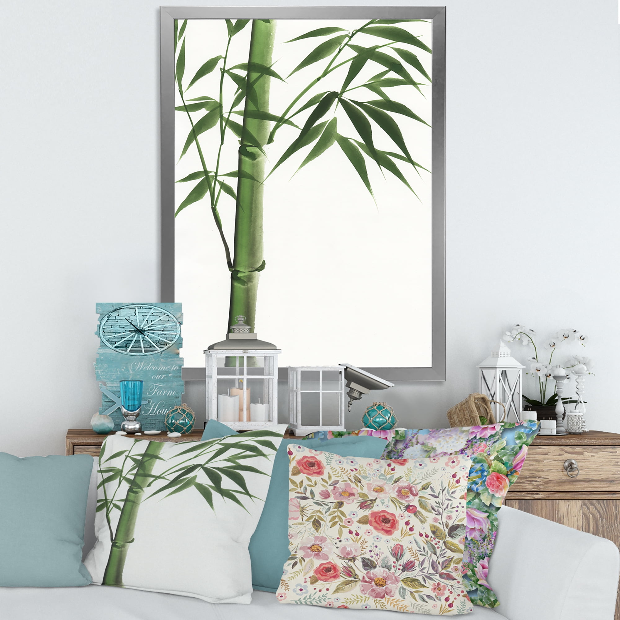 Designart 'Detail Of Dark Green Bamboo On White III' Traditional Framed Art Print